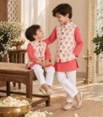 A refined boys' kurta pyjama jacket set crafted in 100% cotton, featuring a vibrant coral pink kurta paired with classic white pyjamas and a beautifully printed ivory Nehru jacket. The jacket is adorned with delicate rose motifs in soft pink with subtle golden botanical detailing, adding an elegant festive touch to the ensemble. The structured jacket brings a polished finish to the traditional kurta pyjama silhouette, while the breathable cotton fabric keeps little ones comfortable throughout the day. Perfect for festive celebrations, weddings, pujas, family gatherings and special occasions.