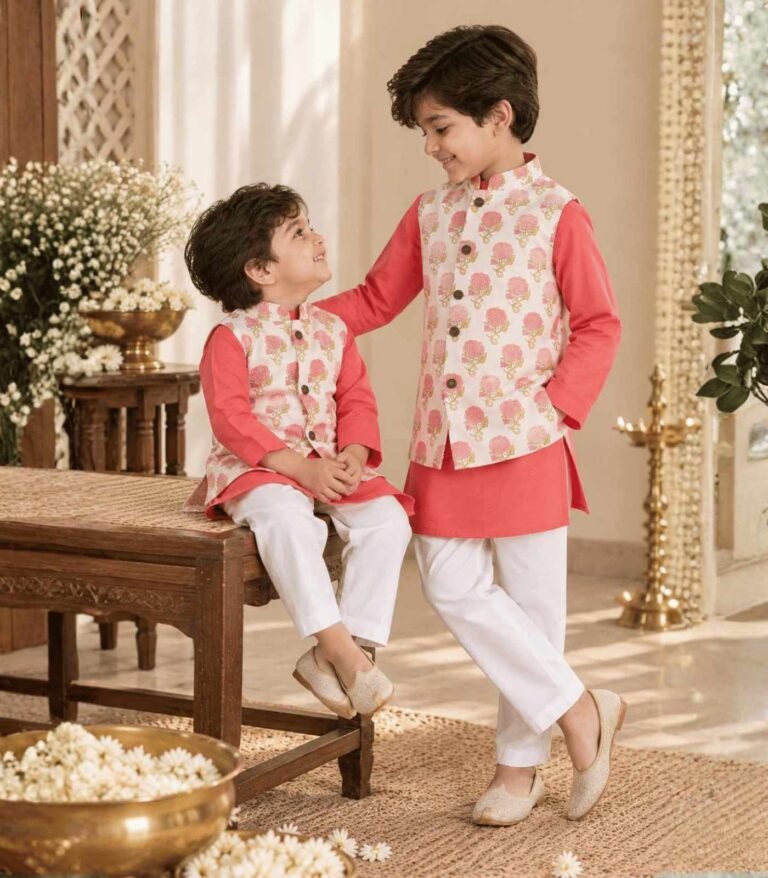 A refined boys' kurta pyjama jacket set crafted in 100% cotton, featuring a vibrant coral pink kurta paired with classic white pyjamas and a beautifully printed ivory Nehru jacket. The jacket is adorned with delicate rose motifs in soft pink with subtle golden botanical detailing, adding an elegant festive touch to the ensemble. The structured jacket brings a polished finish to the traditional kurta pyjama silhouette, while the breathable cotton fabric keeps little ones comfortable throughout the day. Perfect for festive celebrations, weddings, pujas, family gatherings and special occasions.
