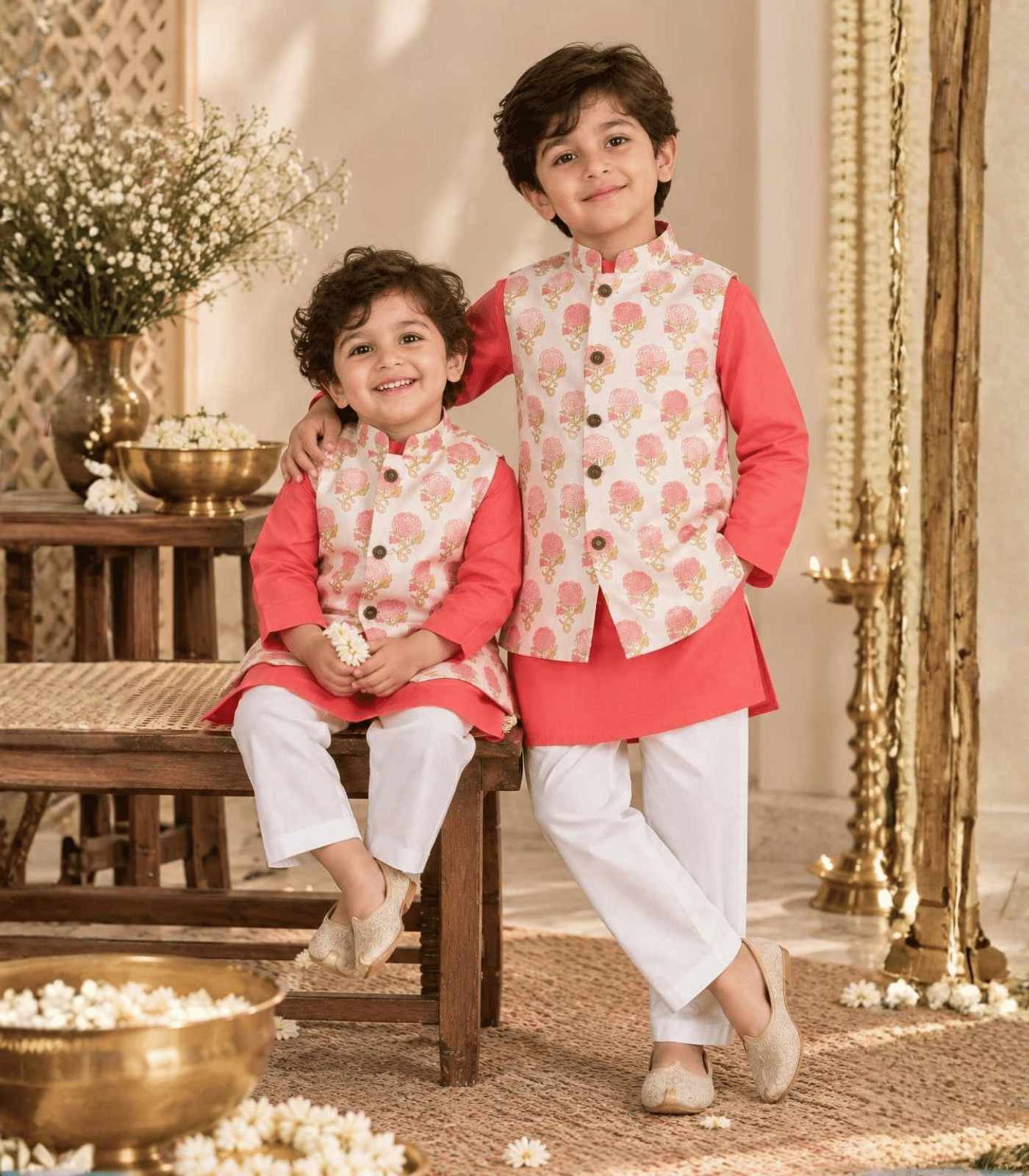 A refined boys' kurta pyjama jacket set crafted in 100% cotton, featuring a vibrant coral pink kurta paired with classic white pyjamas and a beautifully printed ivory Nehru jacket. The jacket is adorned with delicate rose motifs in soft pink with subtle golden botanical detailing, adding an elegant festive touch to the ensemble. The structured jacket brings a polished finish to the traditional kurta pyjama silhouette, while the breathable cotton fabric keeps little ones comfortable throughout the day. Perfect for festive celebrations, weddings, pujas, family gatherings and special occasions.