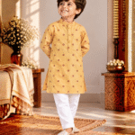 Yellow Brown Motif Kurta Pyjama Set